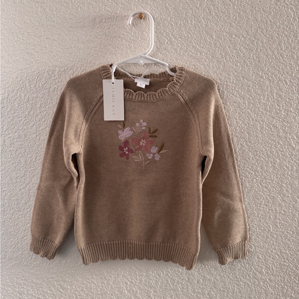Jamie Kay Tan Sweater with Pink Floral Embroidery
